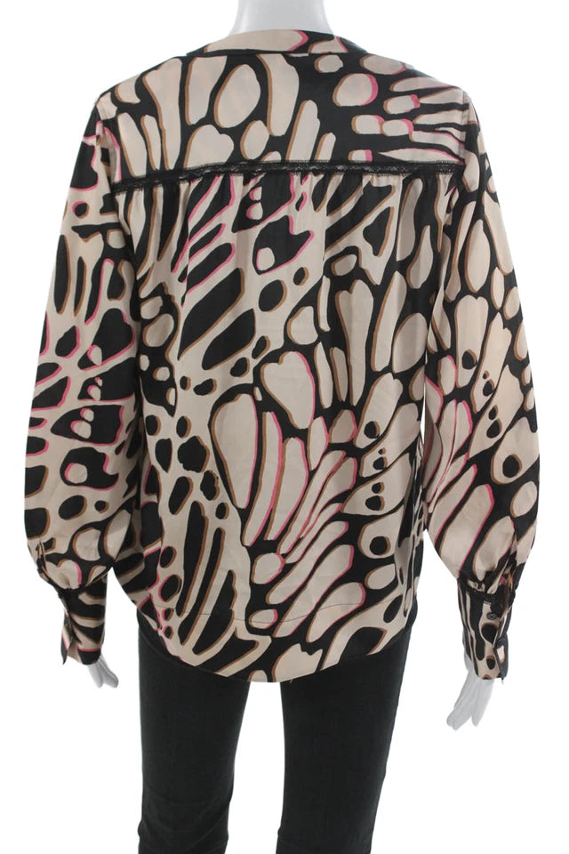 Donna Karan NY. Black V Neck Abstract Long Sleeve Basic Blouse