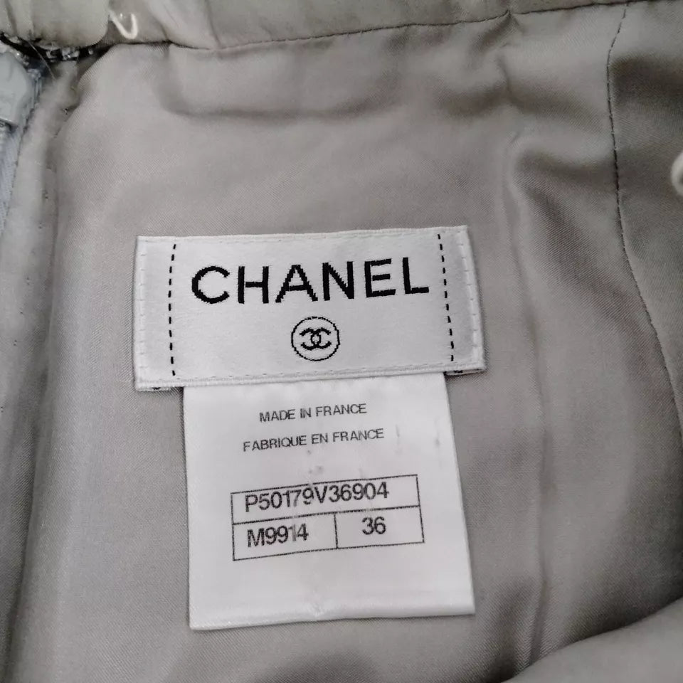 Chanel Paris. Light Grey Silk, Cotton, Nylon, Polyester Tweed Skirt