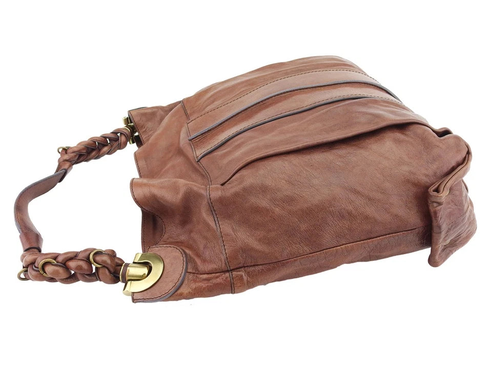 Chloe Paris. Brown Distressed Leather Large Shoulder Bag Goldplated Hardware