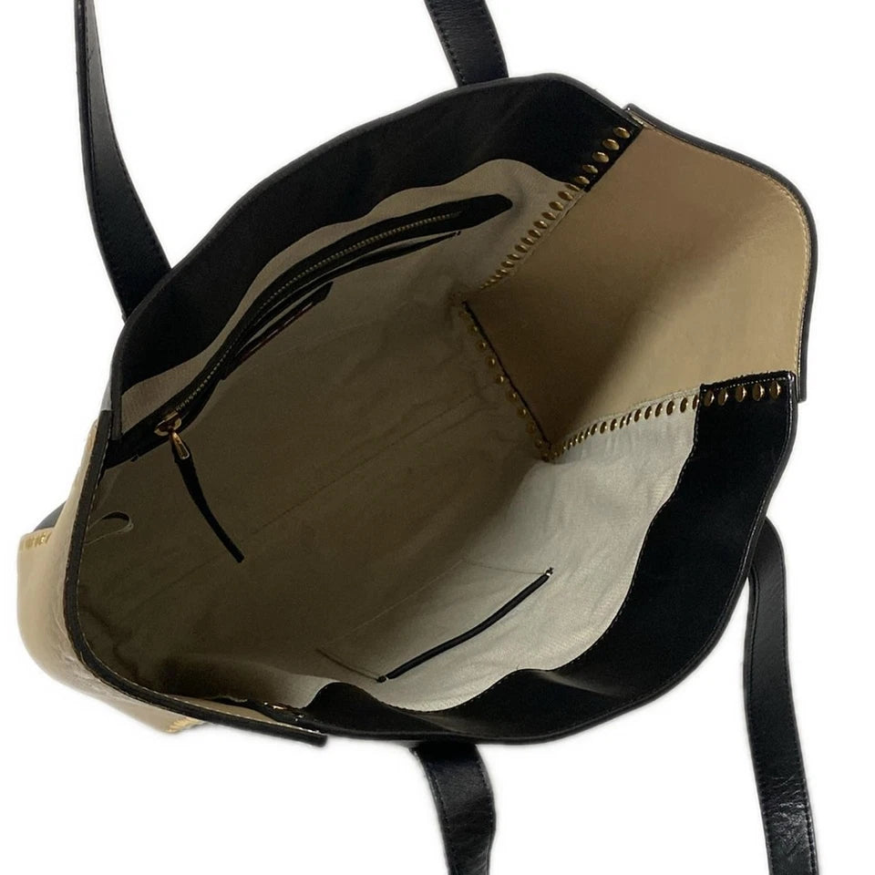 MARNI ITALY. Black Beige Leather w Gold Studded Accents Tote Bag / Shoulder Bag
