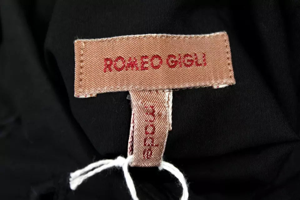 ROMEO GIGLI Italy. Vintage Black Cotton Cut-Out Collar Crystal Button-Front Oversized Blouse