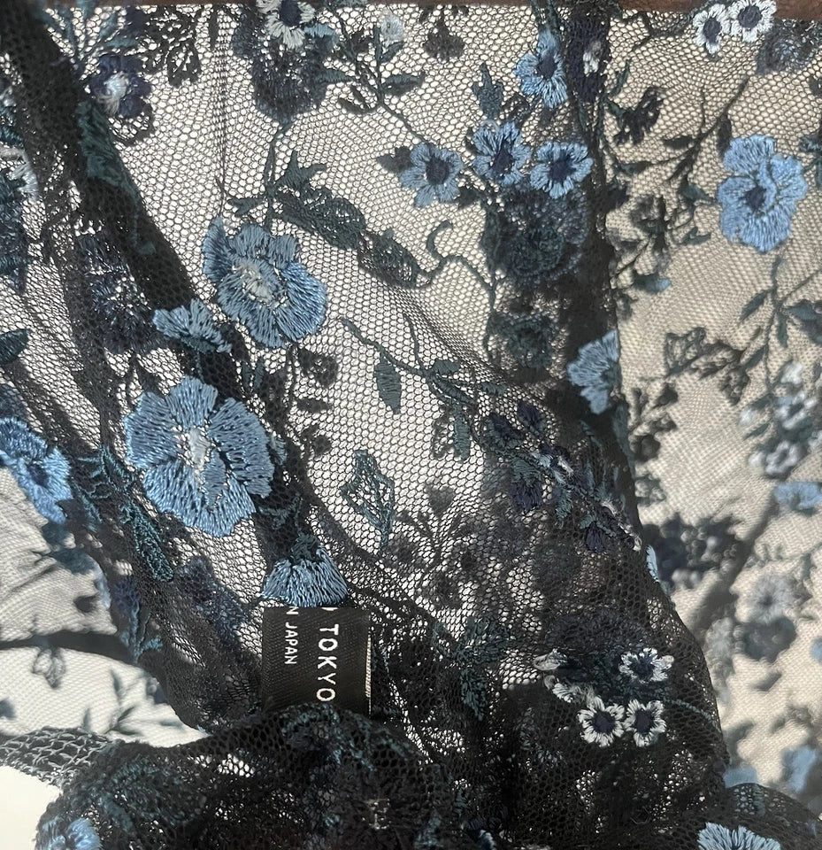 UNITED TOKYO JAPAN. Black Blue Semi-Sheer Embroidered Floral Short Sleeve Blouse