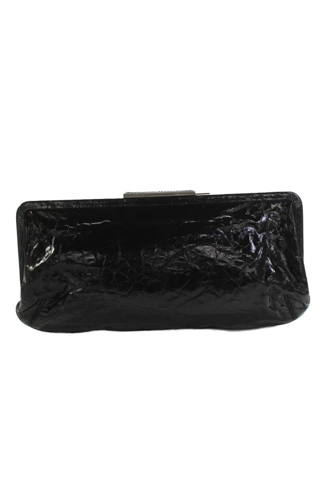 Marni Italy. Black Distressed Leather Silver Hardware Clutch Handbag