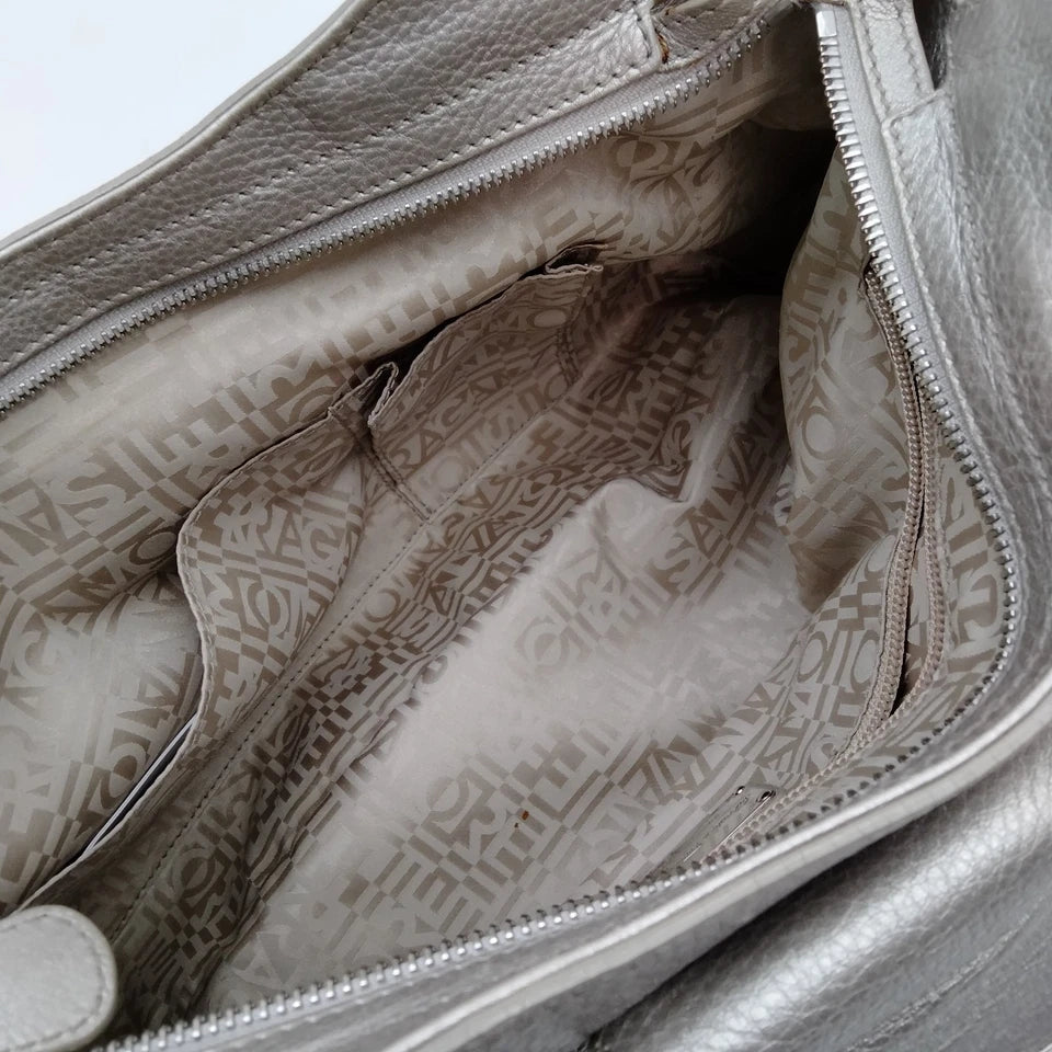 Ferragamo Italy. Gray Metallic Pebbled Leather Shoulder Bag / Hand Bag