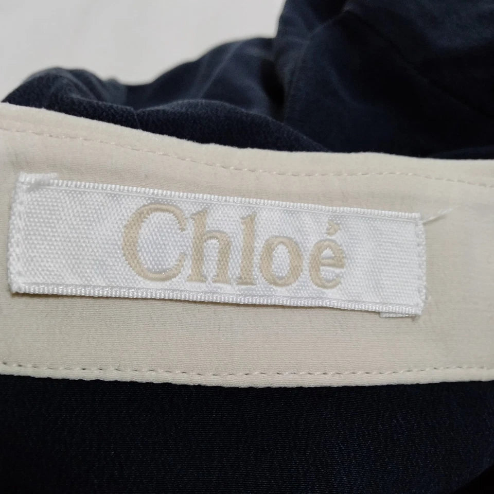 Chloe Paris. Dark Navy Silk Blouse w/White Peter Pan Collar