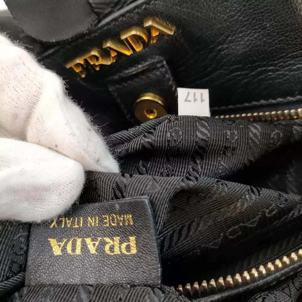 Prada Italy. Black Tessuto Nylon/Leather Pleats Shoulder Bag / Tote Bag