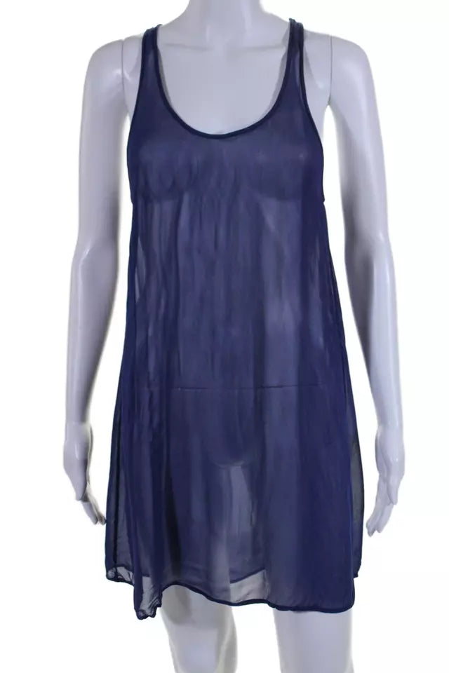 Isabel Marant Etoile Paris. Dark Navy Viscose Semi-Sheer Long Sleeve Pleated Embroidered Shift Dress