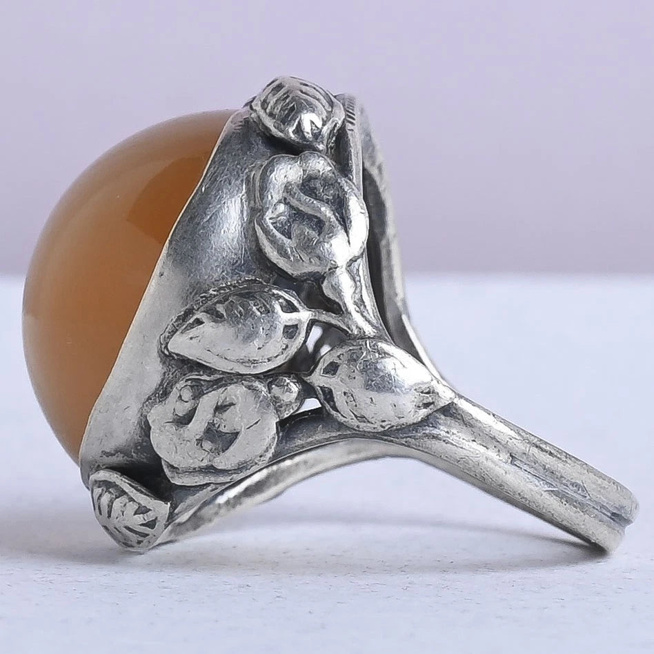 Chesterfield's London. Vintage Arts & Crafts (1930s) English Natural Domed Carnelian Leaf Sterling Silver s 7 Ring