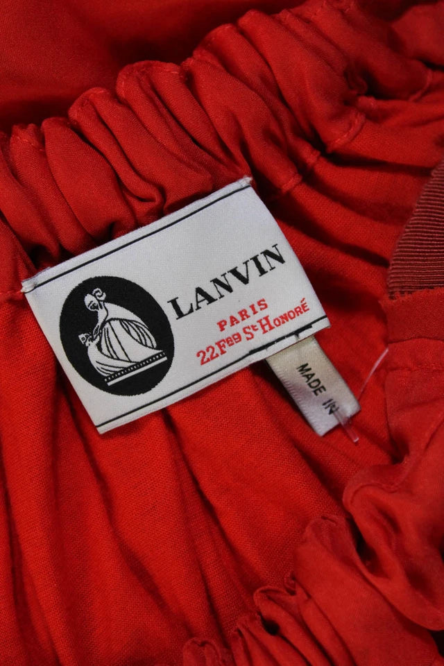 Lanvin Paris. Red Silk Geometric Embroidered Beaded Ruched A-Line Dress