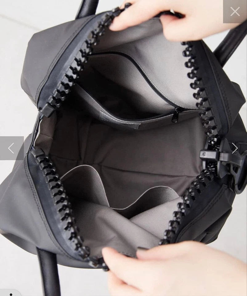 KAWA KAWA JAPAN. New. Black Leather Big Lucite Zipper Shoulder Bag / Tote bag