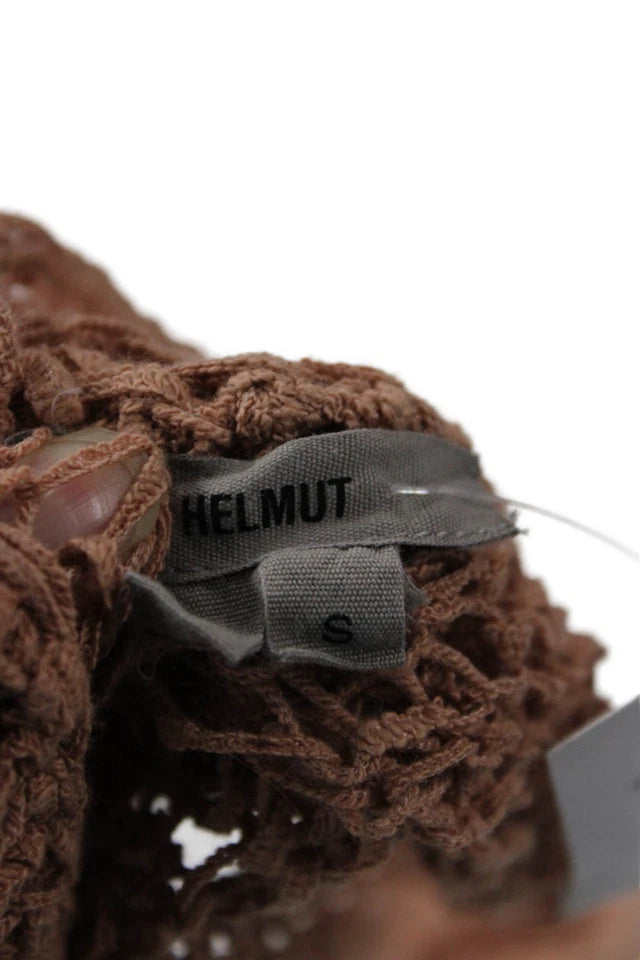 Helmut Lang NY. Brown Open Knit Bohemian Round Neck Long Sleeve Pullover Sweater