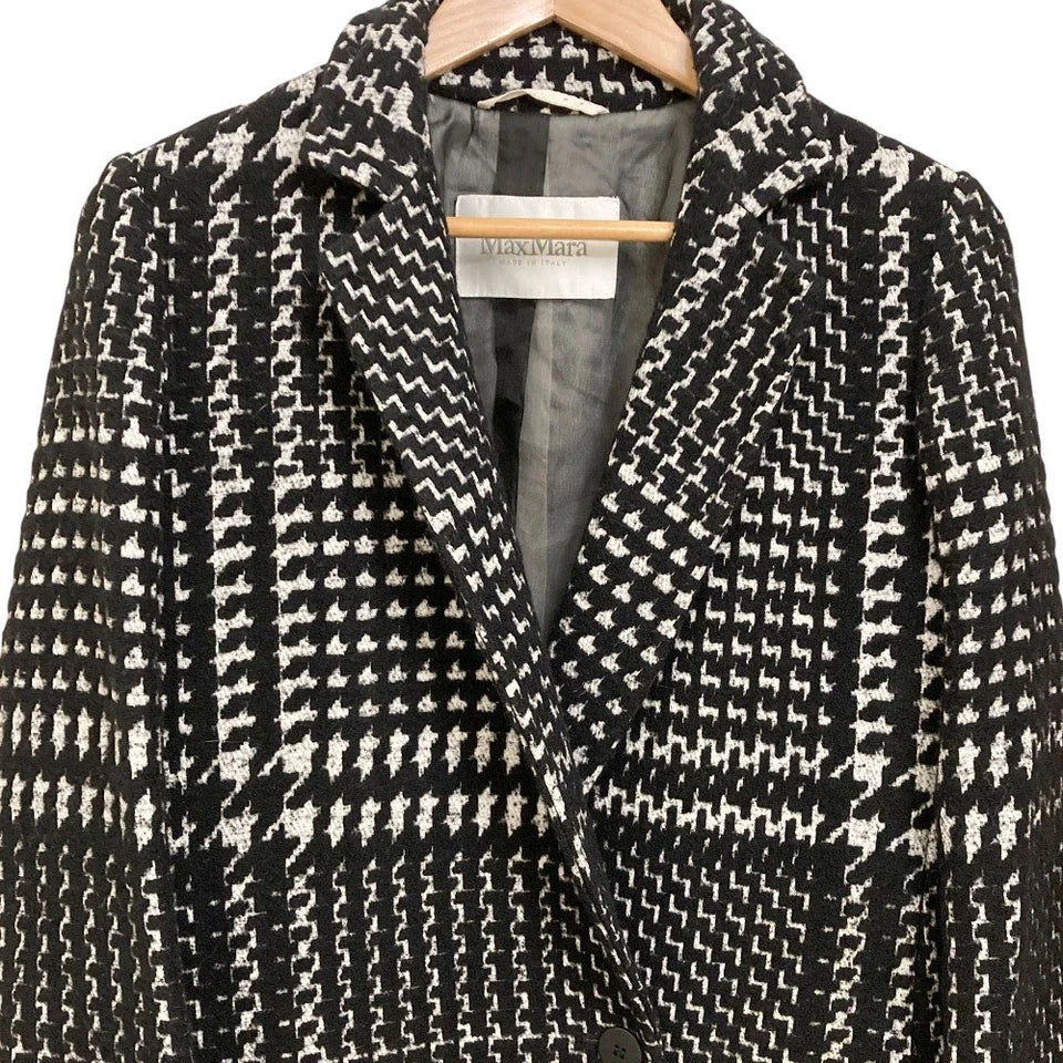 Max Mara ITALY. Black/Grey Plaid Check Pattern Tweed Long Chester Coat