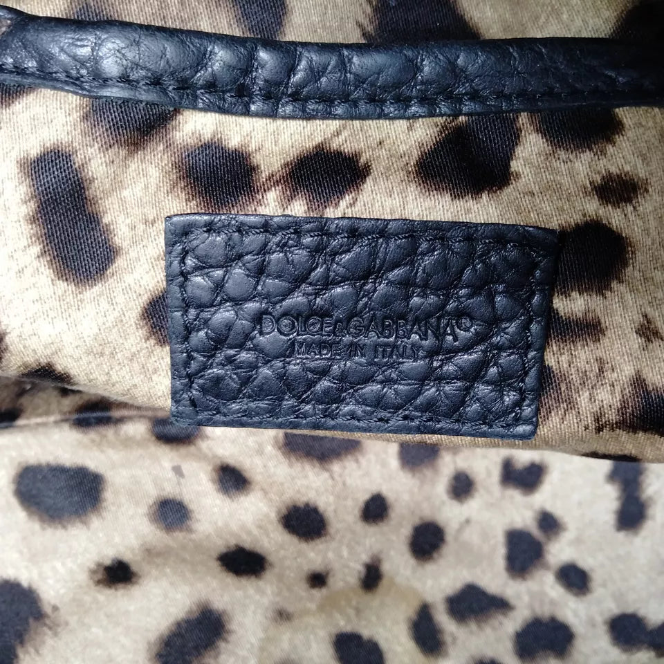 Dolce & Gabbana Italy. Black Leather Shoulder Bag / Hand Bag Classic Leopard Lined Interior