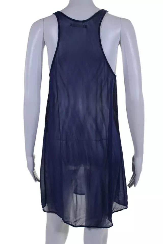 Isabel Marant Etoile Paris. Dark Navy Viscose Semi-Sheer Long Sleeve Pleated Embroidered Shift Dress