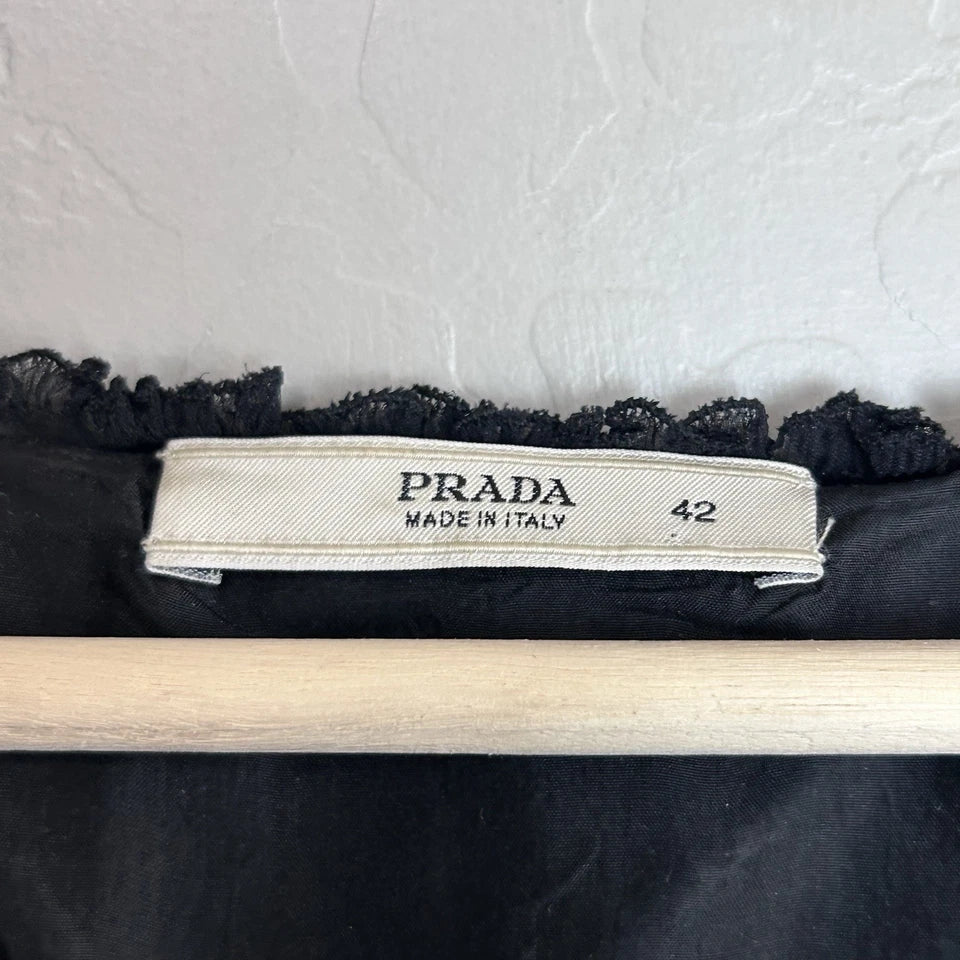 Prada Italy. Black Ruffle Trim Sleeveless Midi Dress