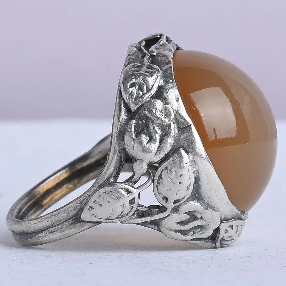 Chesterfield's London. Vintage Arts & Crafts (1930s) English Natural Domed Carnelian Leaf Sterling Silver s 7 Ring