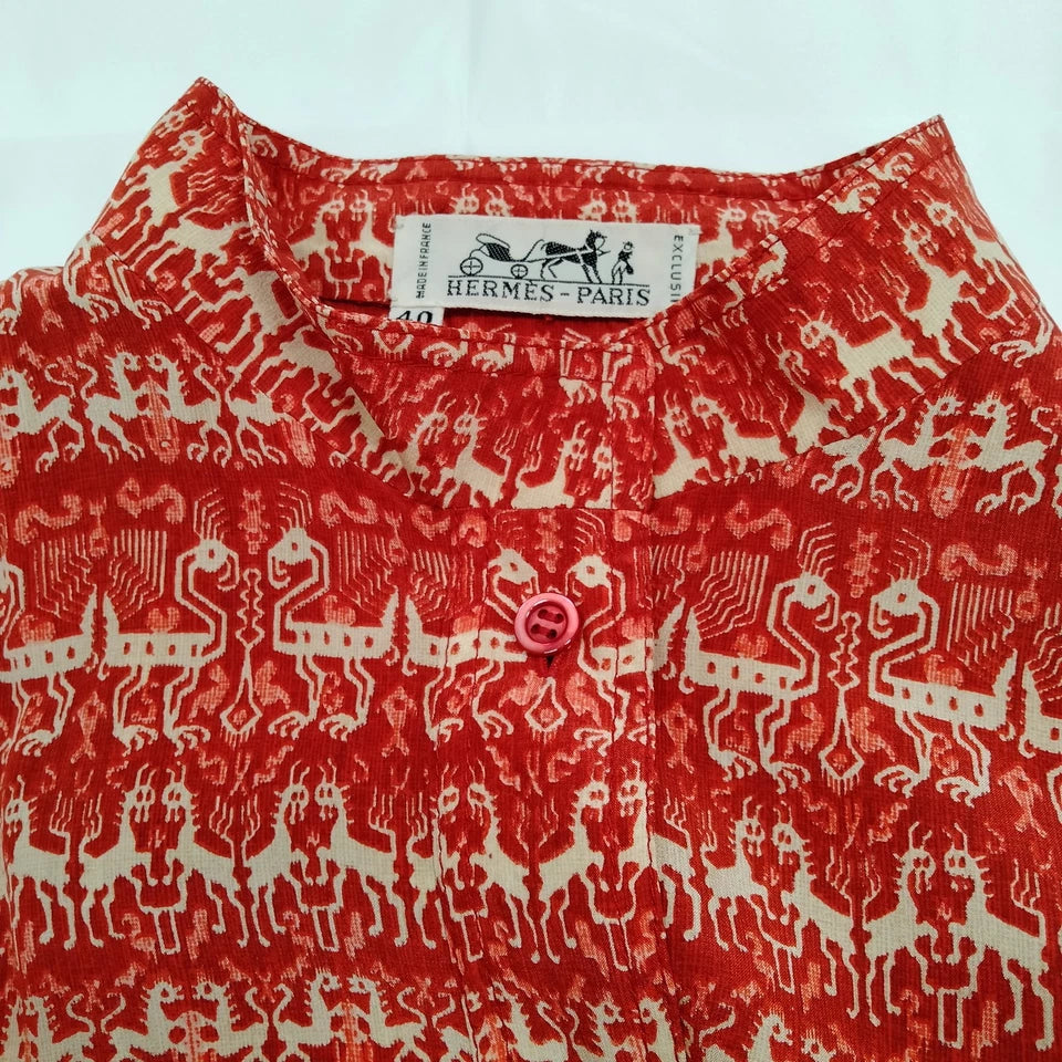 HERMES PARIS. Red Silk Blouse White Details, Short Sleeves