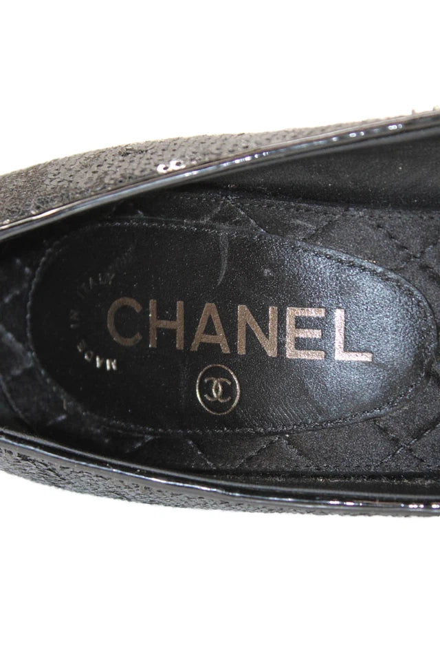 Chanel PARIS. Black/Silver Sequins Embellished Platform Heels Pumps Size 38FR