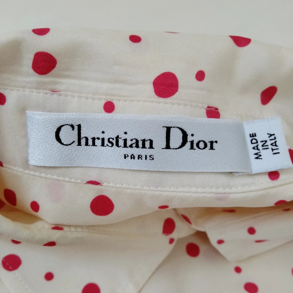 CHRISTIAN DIOR PARIS. White Silk w/Red Dots Sleeveless Top
