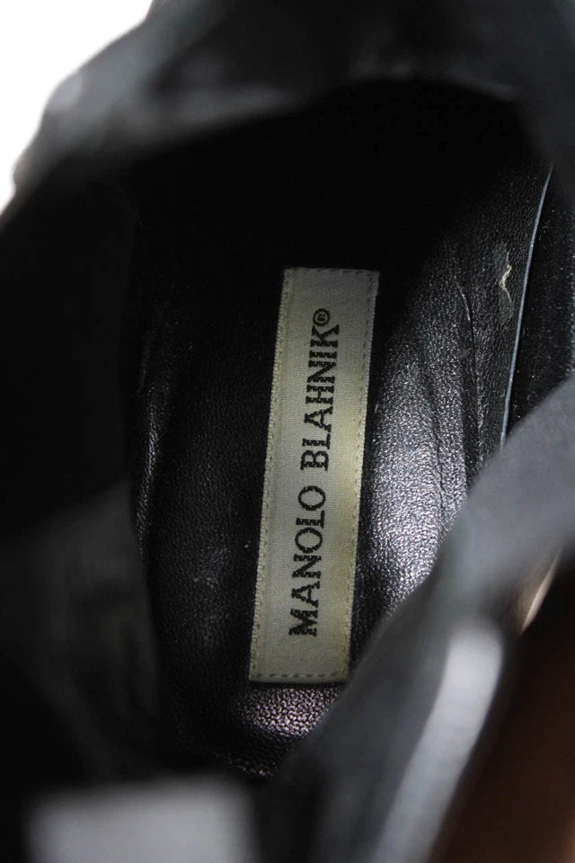 Manolo Blahnik Paris. Black Leather Pointed Toe Heeled Ankle Boots