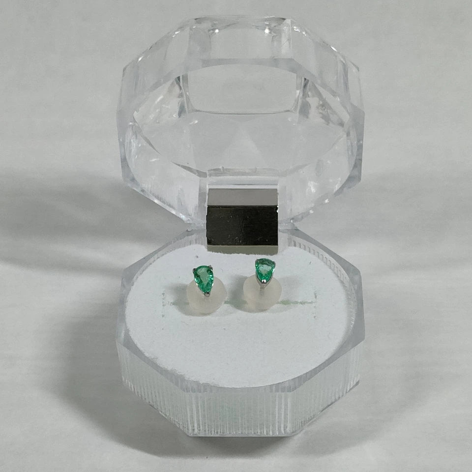 Unbranded Vintage London Pear Shape Cut Tiny Emerald 18ct White Gold Pierced Earrings