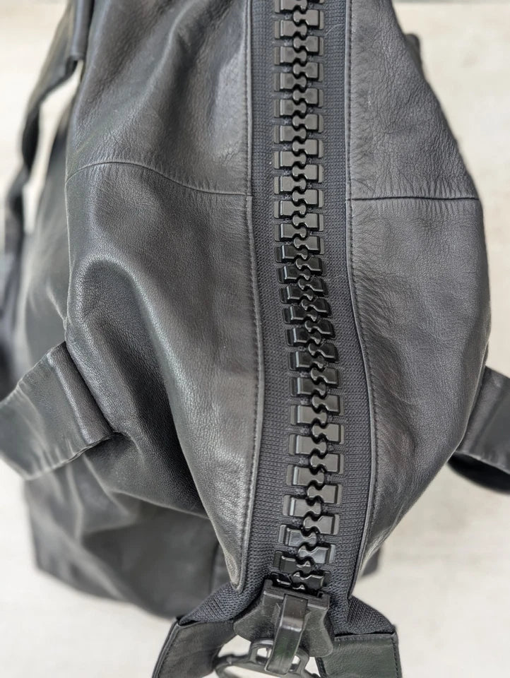 Kawa-Kawa Japan. Unisex Black Lambskin Leather Red Lining Large Zipper Shoulder Bag / Tote Bag