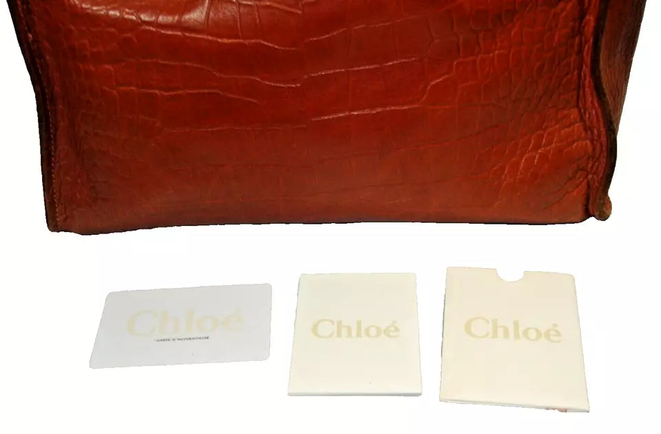 CHLOE PARIS. "Cyndi" Burnt Orange Soft Leather Croc Embossed Suede Interior Shoulderbag by Phoebe Philo