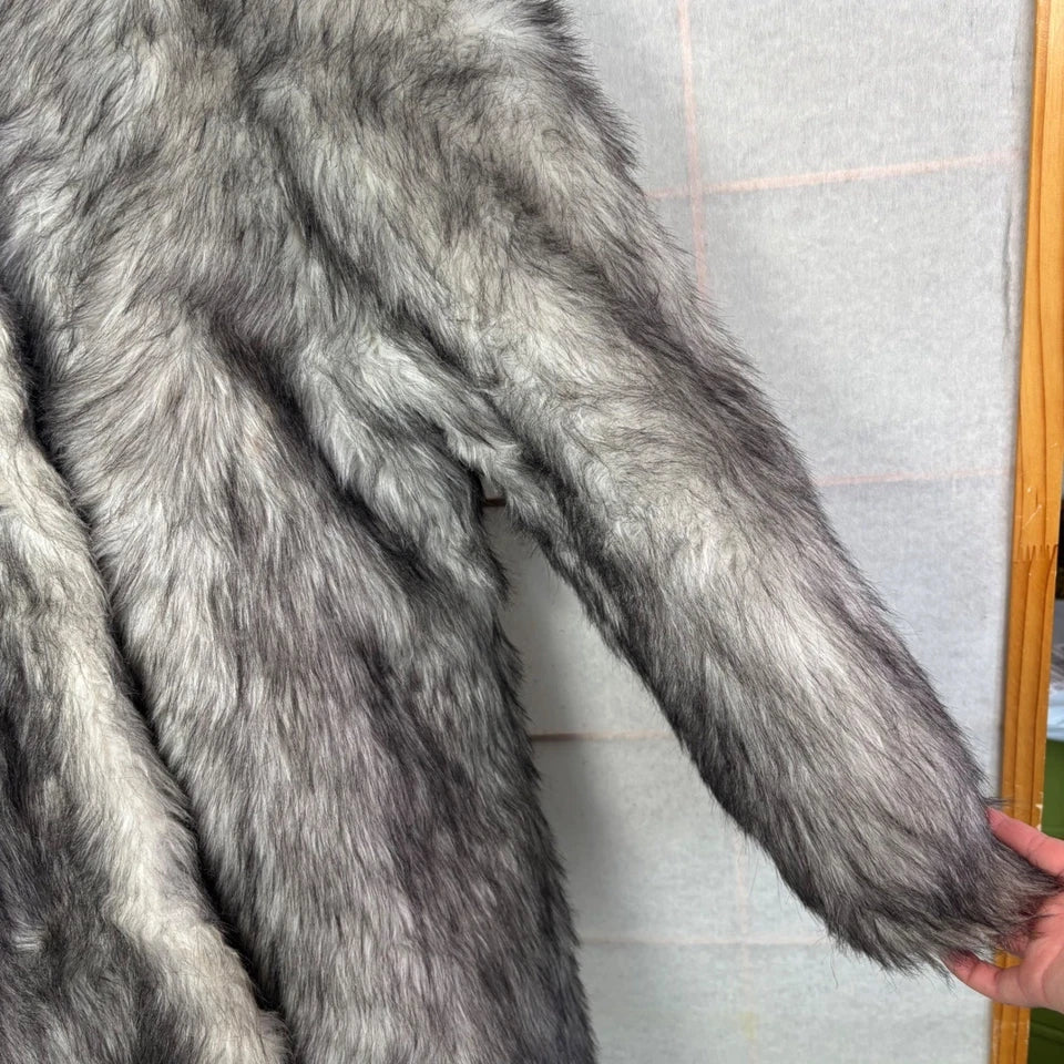 Vintage Faux Fur Coat Women Gray White Wolf Pattern Shaggy Quilted Lined