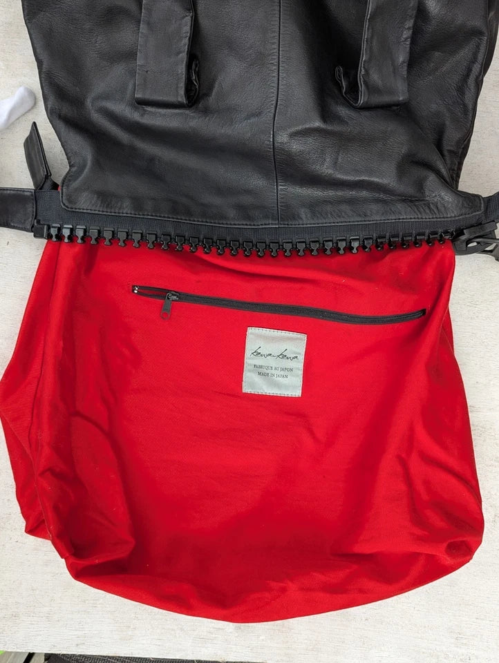 Kawa-Kawa Japan. Unisex Black Lambskin Leather Red Lining Large Zipper Shoulder Bag / Tote Bag