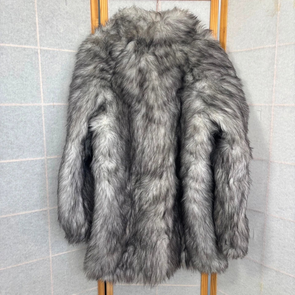 Vintage Faux Fur Coat Women Gray White Wolf Pattern Shaggy Quilted Lined
