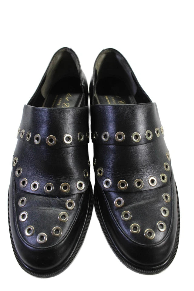 Robert Clergerie Paris. Black Leather Studded Slip-On Loafers Size 7.5