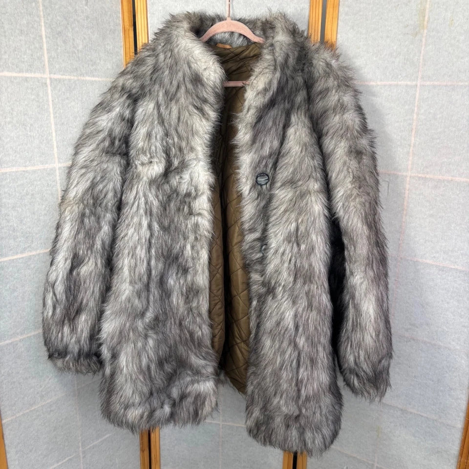 Vintage Faux Fur Coat Women Gray White Wolf Pattern Shaggy Quilted Lined