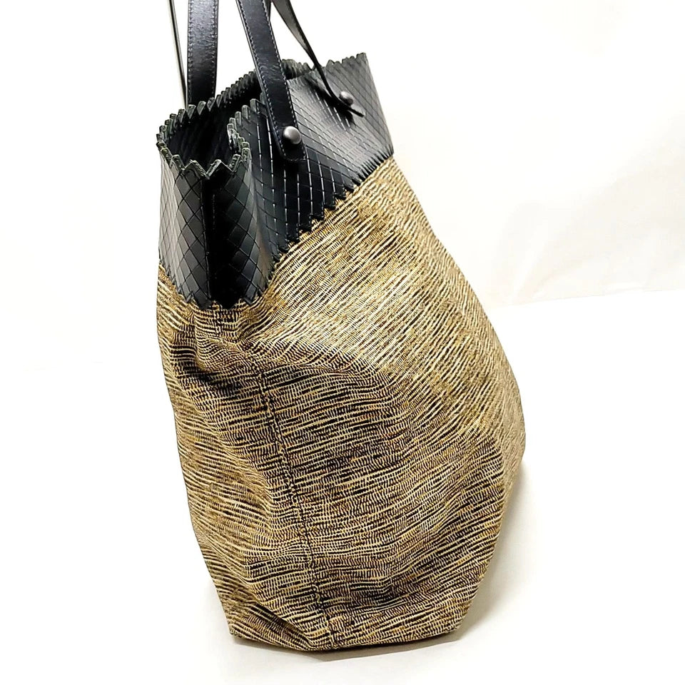 Bottega Veneta ITALY. Brown Canvas/Black Leather Large Tote Bag