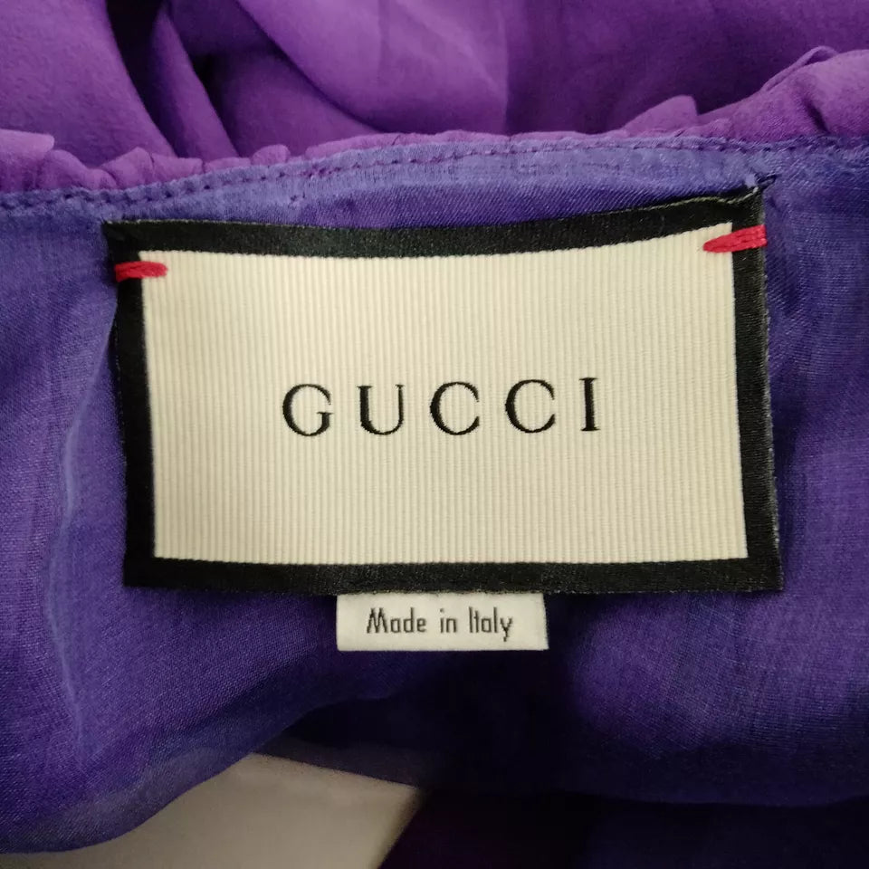 Gucci Italy. Violet Semi Sheer Silk Ruffles Accents Blouse