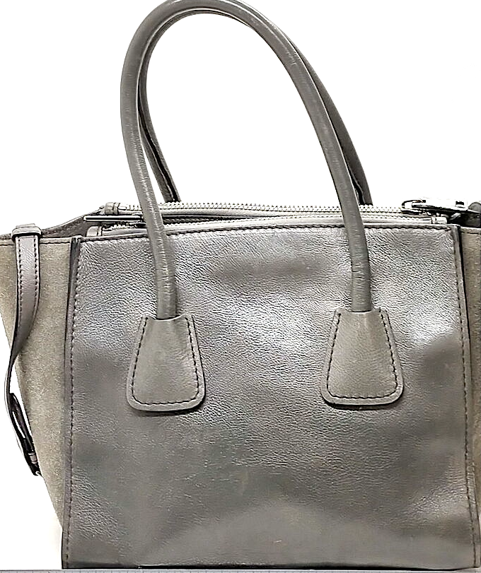 Prada Italy. Gray Leather Two Way Shoulderbag/Hand Bag With Long Strap