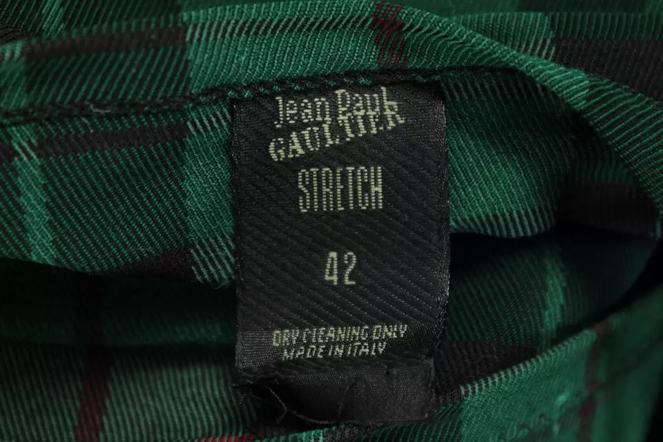 JEAN PAUL GAULTIER PARIS. Vintage Green Plaid Stretch Knit Pencil Skirt