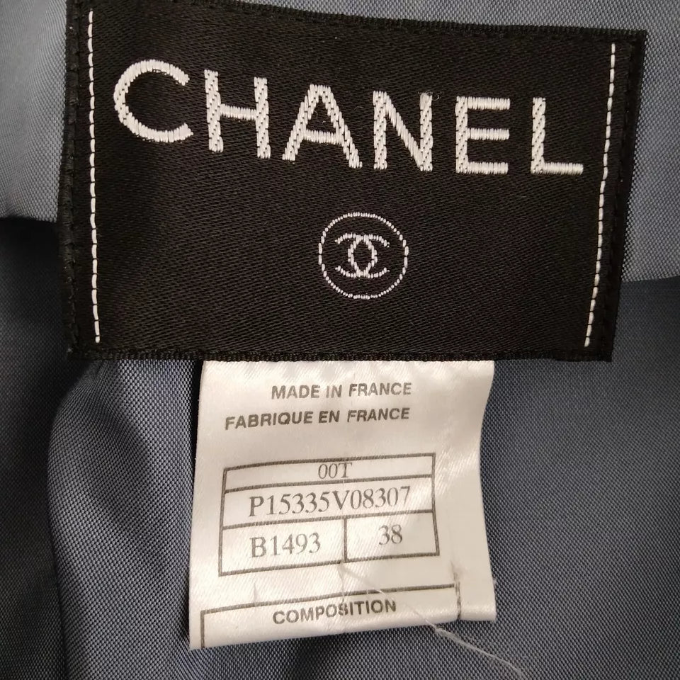 Chanel Paris. Blue Nylon, W/Beige Trim Tops / Light Jacket Bell Sleeves