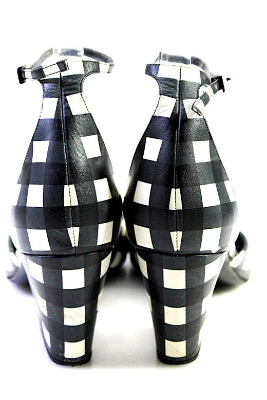 Pierre Hardy Paris. Black Leather Block Heel Ankle Strap Gingham Plaid Sandals SZ40.5