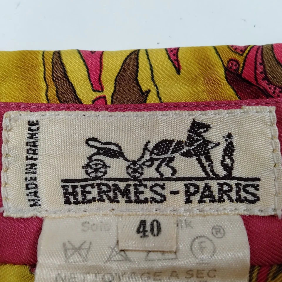 Hermes Paris. Vintage Silk Burgundy Scarf Print Button Top