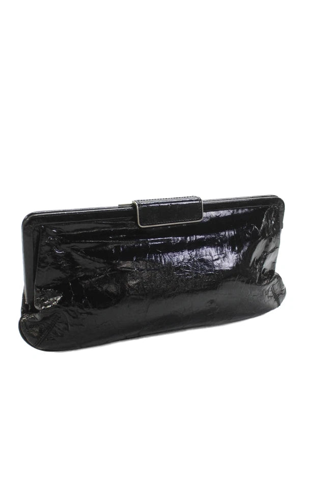 Marni Italy. Black Distressed Leather Silver Hardware Clutch Handbag