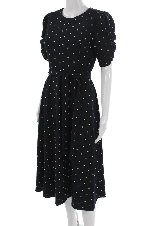 DONNA KARAN DKNY  Black Polka Dot Knee Length Round Neck Fit & Flare Dress