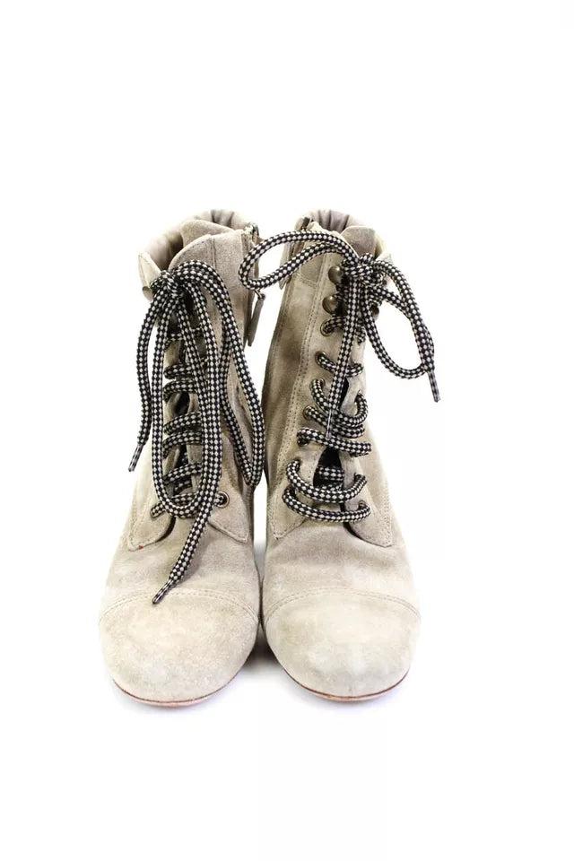 Miu Miu Italy. Beige Suede Round Toe Lace Up Block Heels Boot SZ 38