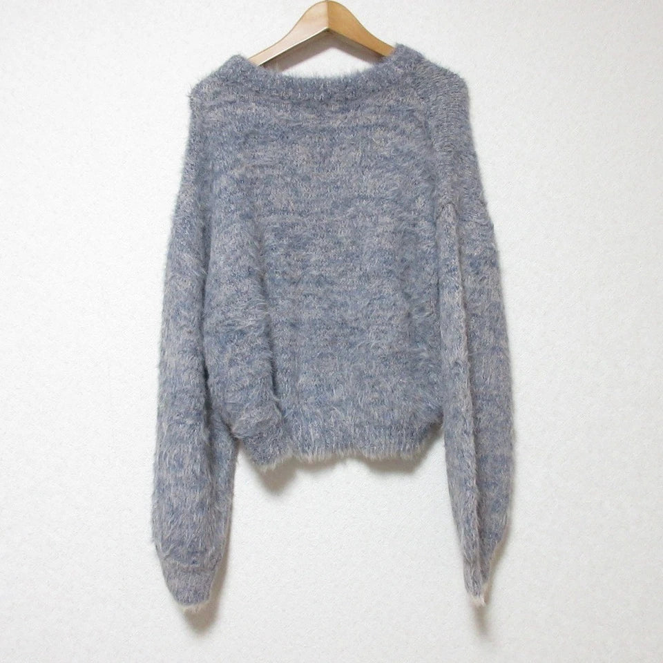 MURUA JAPAN. 25AW COLLECTION. Navy/Gray Two-Tone Mix Shaggy Knit Pullover Cropped Sweater