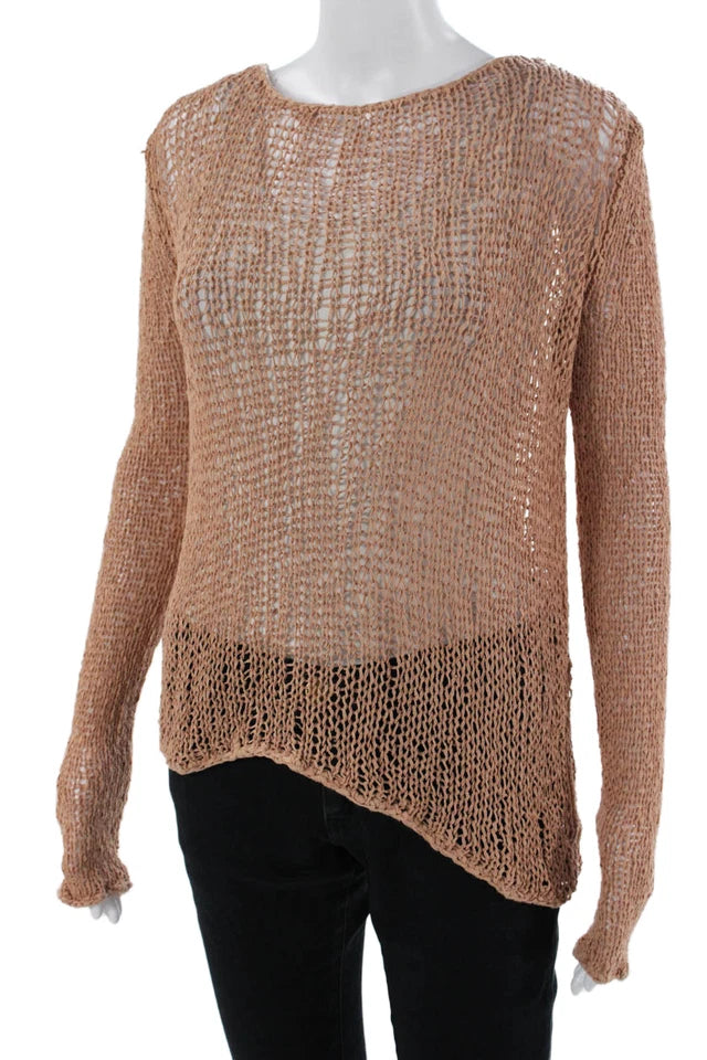 Helmut Lang NY. Brown Open Knit Bohemian Round Neck Long Sleeve Pullover Sweater