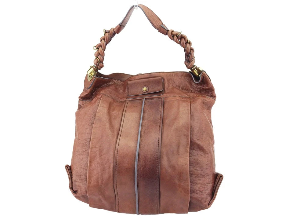 Chloe Paris. Brown Distressed Leather Large Shoulder Bag Goldplated Hardware
