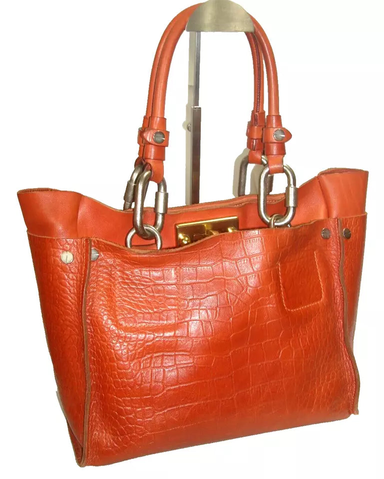 CHLOE PARIS. "Cyndi" Burnt Orange Soft Leather Croc Embossed Suede Interior Shoulderbag by Phoebe Philo