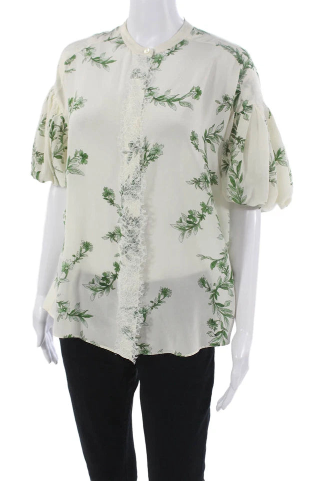Giambattista Valli ITALY. Floral Ivory Short Sleeve Silk Tunic Blouse