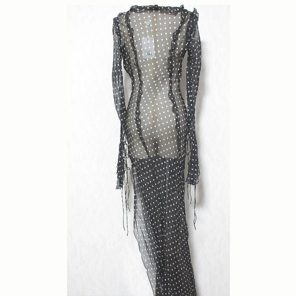 RAT&BOA JAPAN. Romelle. NEW W/TAGS Black Silk Semi-Sheer Polka Dot Slit Dress