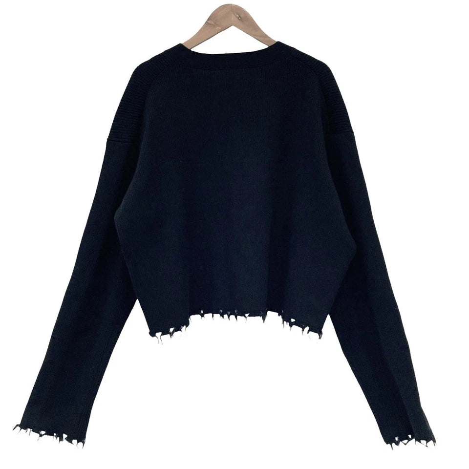 ASTRAET (UNITED TOKYO) JAPAN. Black Fringe Rib Knit Cropped Cardigan