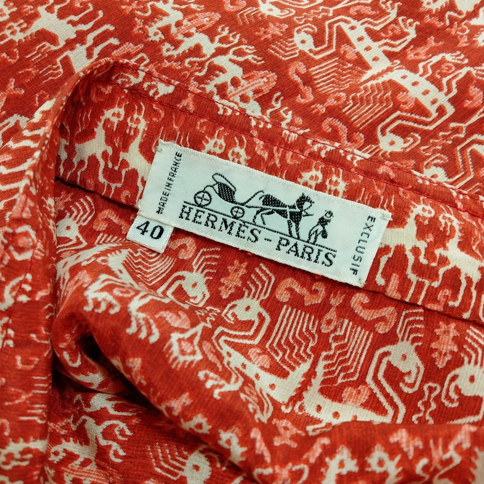 HERMES PARIS. Red Silk Blouse White Details, Short Sleeves